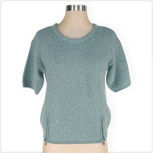 Orfeo Paris Aqua Silver Metallic Knit Cropped Zipper Trim Angora Bl Sweater S/M